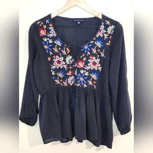 American Eagle Outfitters Navy Embroidered Ruffle Hem‎ Boho Top Women's S